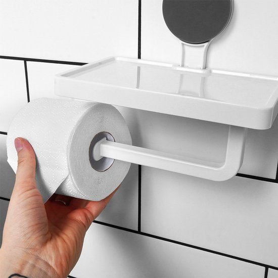 Bathroom Solutions – Toilettenpapierhalter mit Ablage – Weißer Kunststoff – Befestigung mit Saugnapf – Klassisches Design