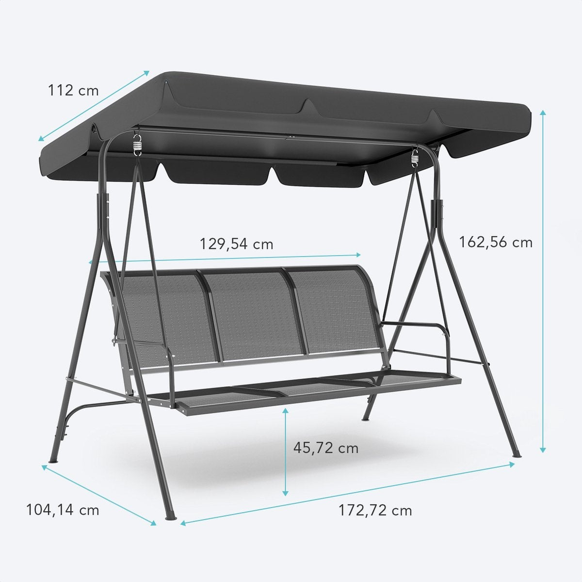 LifeGoods Schaukelbank - 3-Sitzer - Bis zu 250KG - Kippbares Dach - UV-beständiger Sonnenschirm - 172x104x162cm - Grau