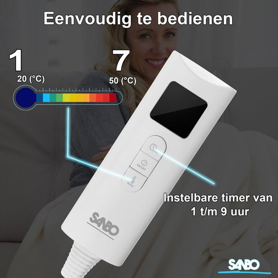 Sanbo Electric Blanket - Waschmaschinenfest - Unterbett - 150 x 80 cm - 7 Stufen - Mit Eckgummis - 1 Person