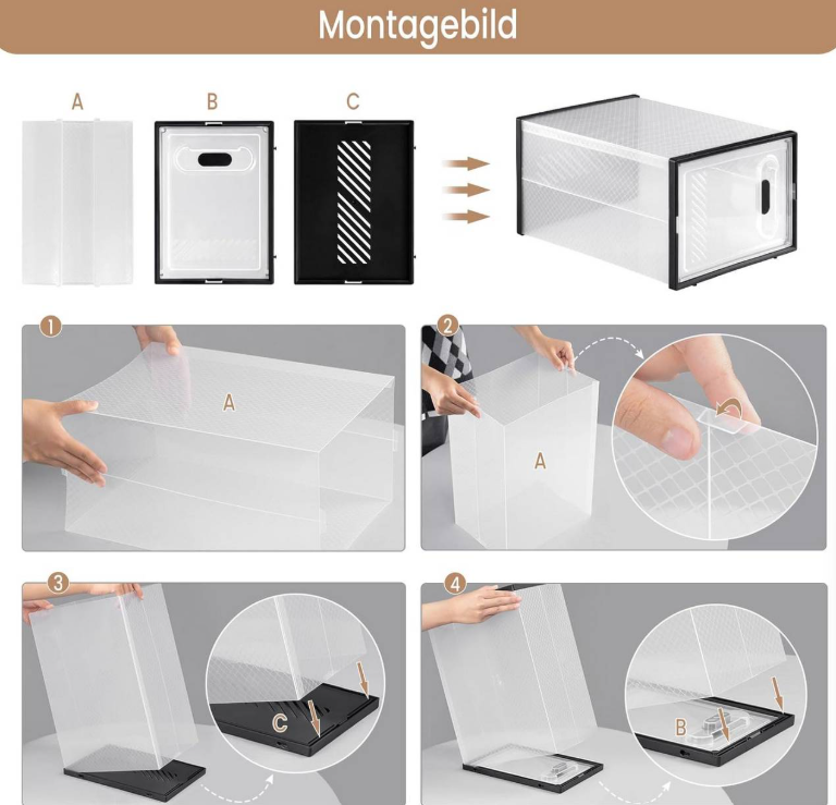WOLTU Schuhkartons, stapelbar, 8er-Set – Schwarz/Transparent – 35 x 19 x 25 cm pro Karton