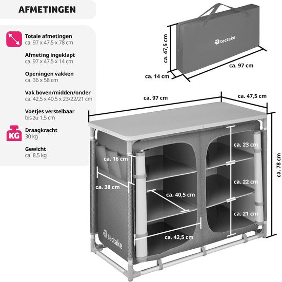 tectake - Campingschrank 97x47,5x78cm - klappbar - abschließbare Fächer - stabile Arbeitsflächen - praktische Seitentaschen - grau