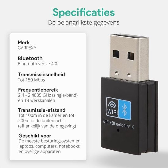 Garpex® Wireless USB WiFi Bluetooth Adapter - Drahtloser Dongle USB2.0 WiFi BT4.0 Adapter