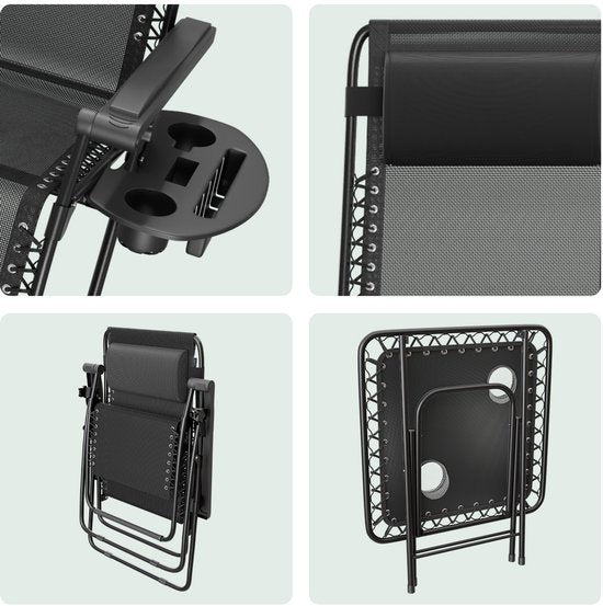 LifeGoods Liegestühle - klappbar - Komplettset - mit Beistelltisch - 30°-90° verstellbar - Gartenstühle - Metall - Schwarz