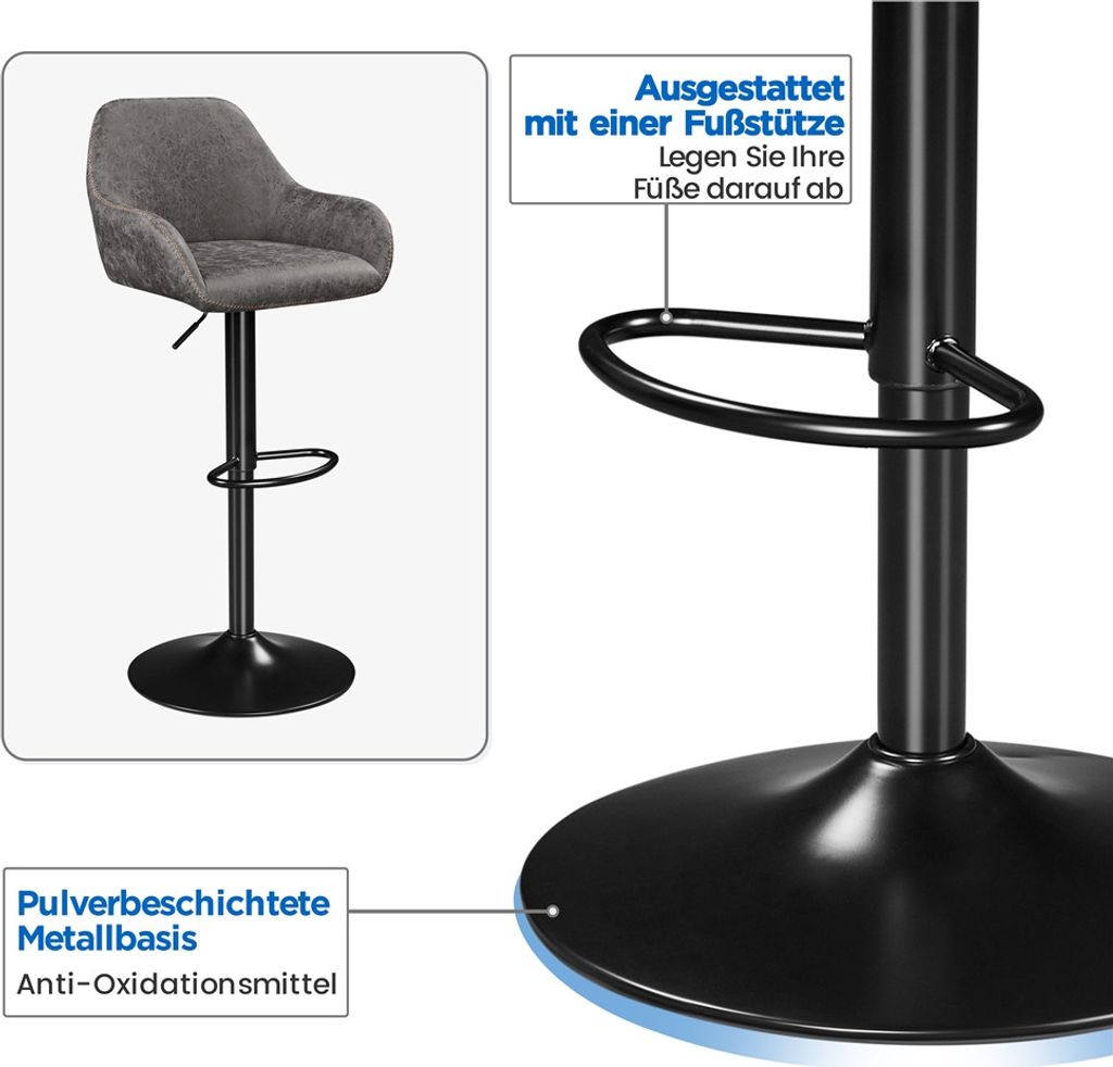 Yaheetech 2er-Set Barhocker mit Rückenlehne – um 360° drehbar – höhenverstellbar von 87,5 bis 107,5 cm – Kunstleder und Metall – grau
