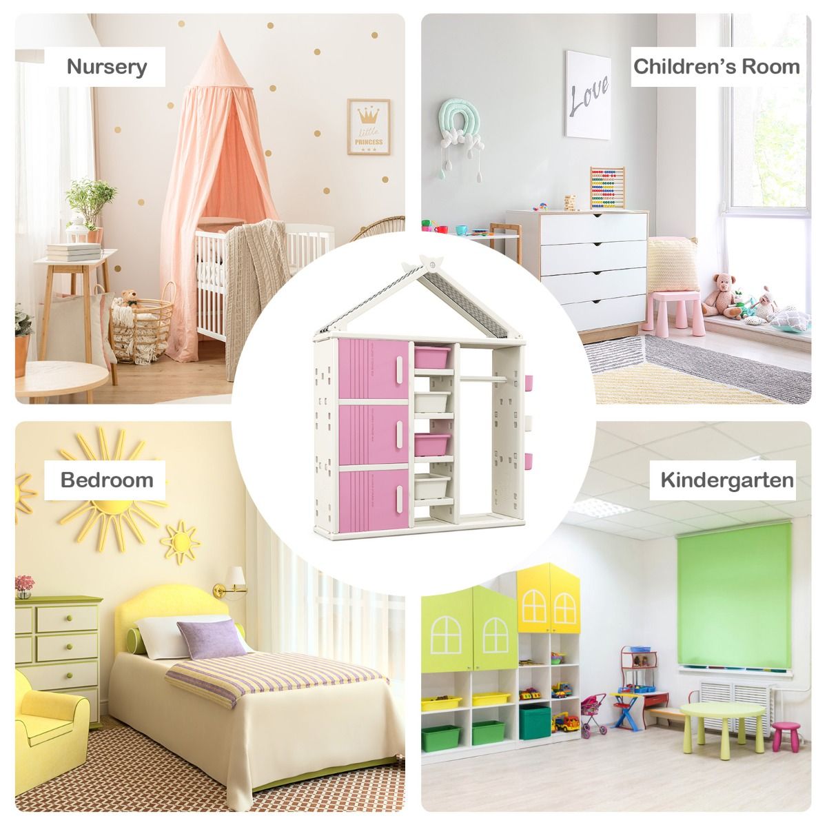 Coast House-förmiges Kinder-Bücherregal mit Garderobe - Kinderzimmer-Spielzeugschrank mit Seitenkörben, 4 Aufbewahrungsboxen und verstellbaren Einlegeböden - Rosa/Weiß - 130×34×156,5 cm