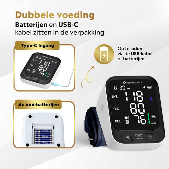 MostEssential Premium Oberarm-Blutdruckmessgerät - Herzfrequenzmesser - 398 Messwerte Speicher - USB-C-Kabel enthalten - 30S