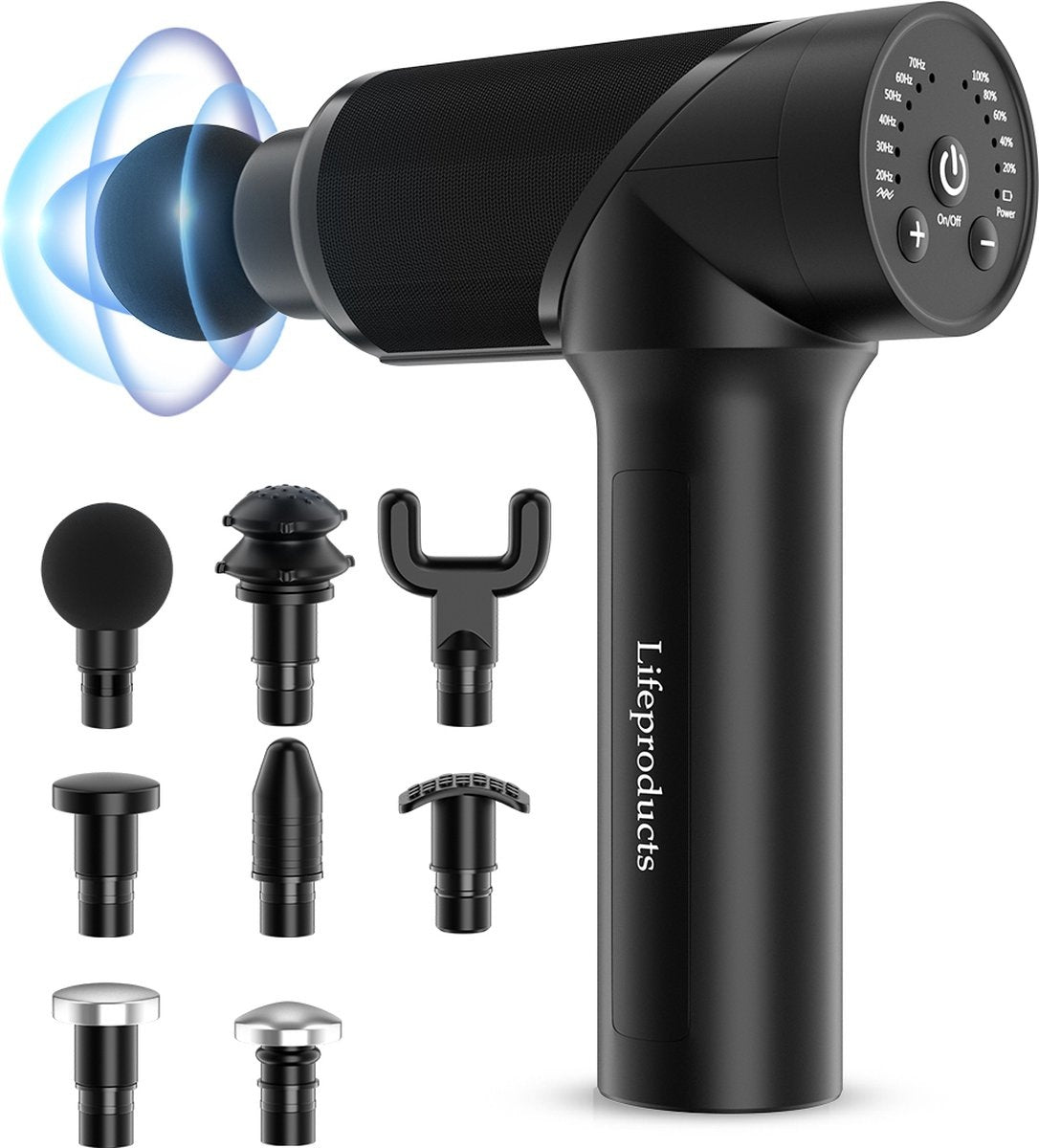 Lifeproducts Massagepistole PRO - Inkl. 8 Massageköpfe - Mit 6 Geschwindigkeitsstufen - Schwarz