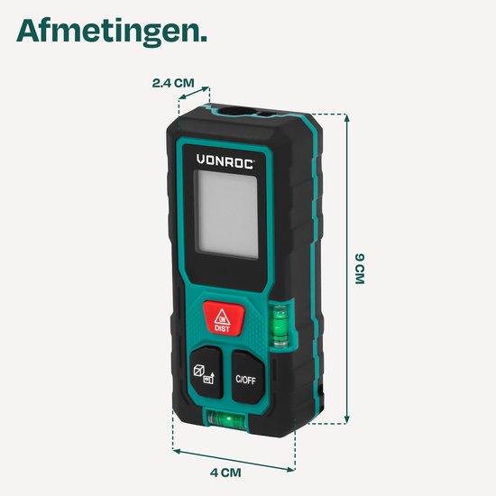 VONROC Laser-Entfernungsmesser – 50 Meter Reichweite – Sehr kompakte Bauweise – Misst Entfernung, Fläche, Volumen, nach dem Satz des Pythagoras – Inkl. praktischer Rechenfunktionen – Inkl. Batterien