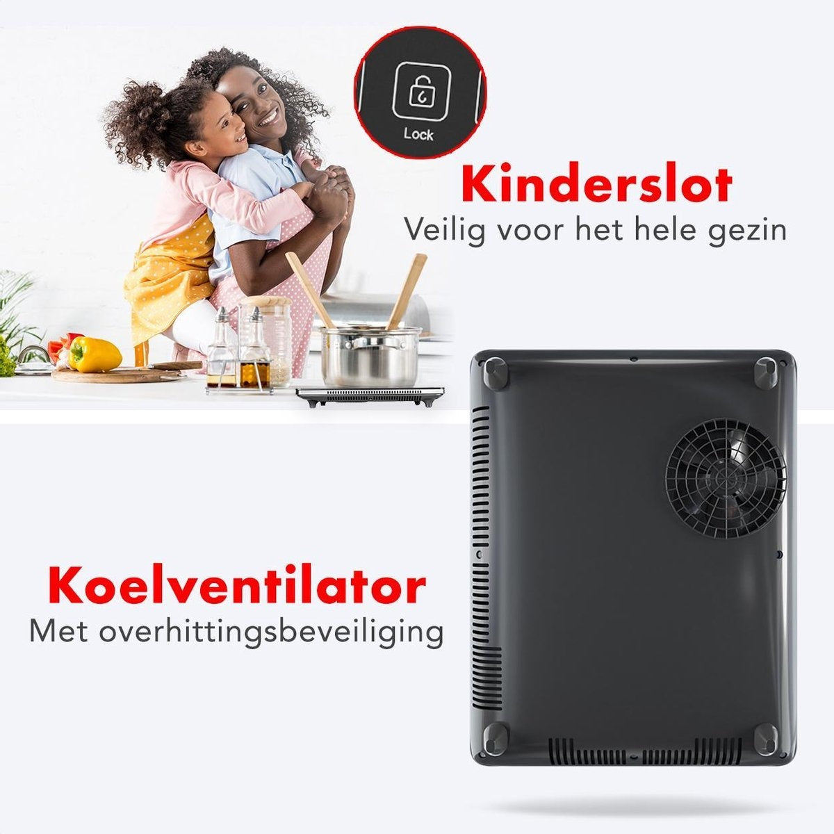 KitchenBrothers Induktionskochfeld - 1 Brenner - Freistehend - 2000W - Schwarz