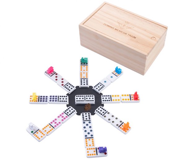 Domino Doppel 12 Mexican Train – 91 Steine mit farbigen Augen – Holzkiste mit Schiebedeckel – Inklusive Bahnhof und Züge – Strategisches Familienspiel – Engelhart