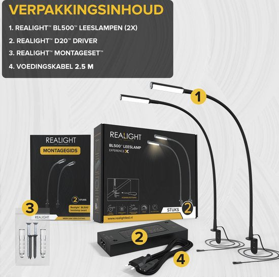 Realight LED-Leselampe für das Bett, 2er-Set – 58 cm – Schwarz – Dimmbare Bettlampe mit Touch-Bedienung und 2,5 Meter langem Kabel