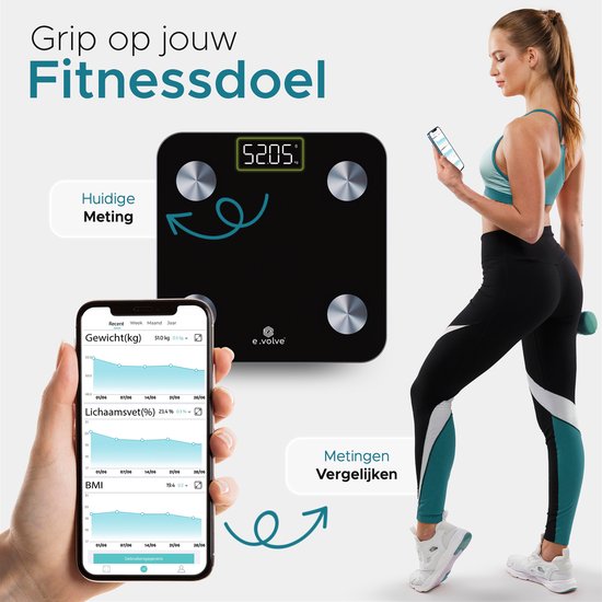 e.volve Waage Personenwaage Digital - 20x - Schwarz - Intelligente Waage mit Körperanalyse - Präzisionswaage - Waage - Digitalwaage - Inkl.