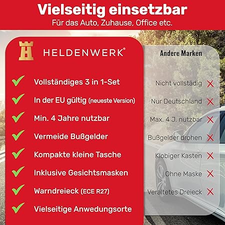 Auto-Kombi-Tasche (3 in 1) nach aktueller Norm 2026 - inkl. Warndreieck, Warnweste - Verbandskasten Warndreieck-Set Auto-Verbandskasten DIN 13164:2022 (nach deutschem Verkehrsrecht)