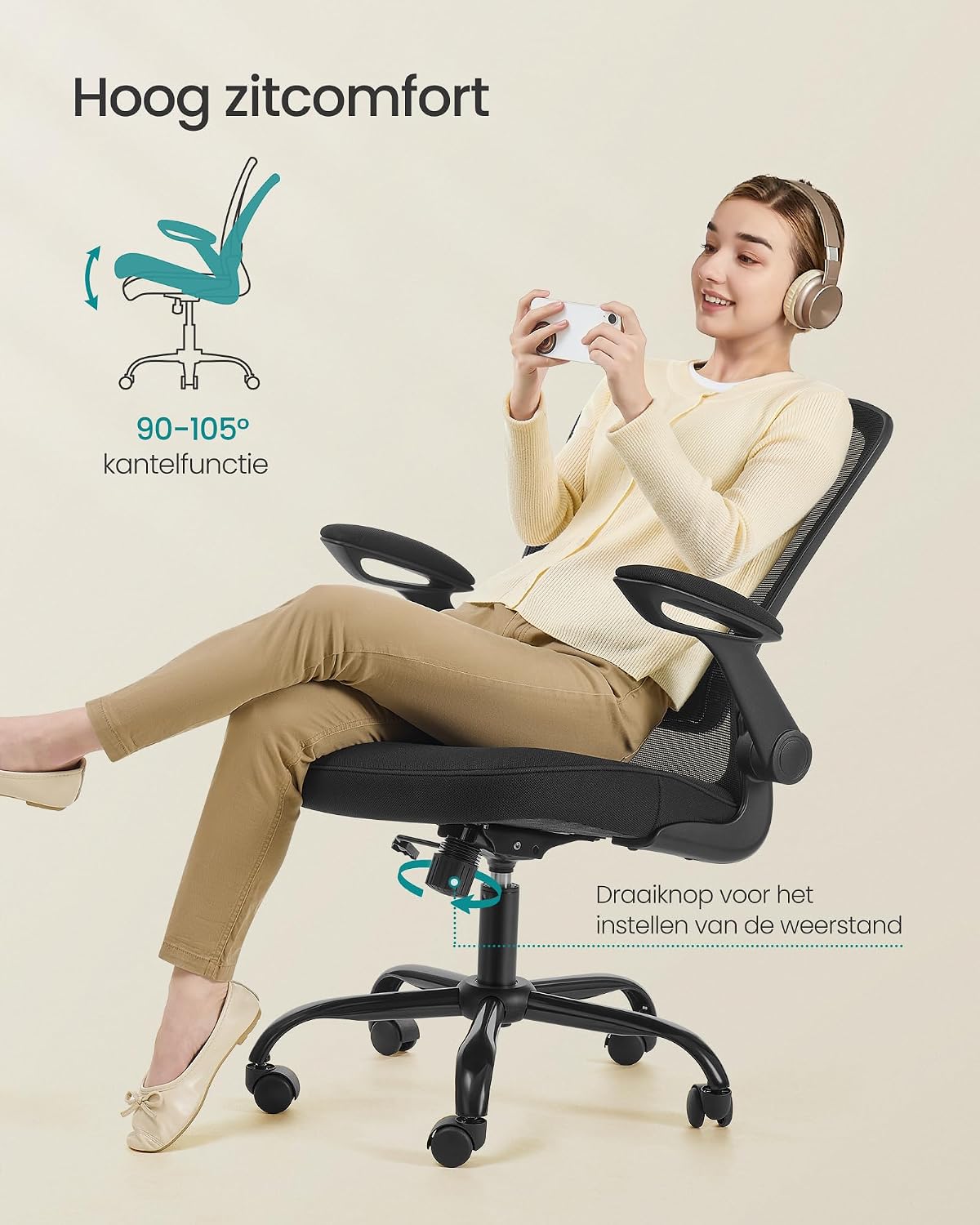 Songmics ergonomischer Bürostuhl OBN37BK – Klappbare Armlehnen – Schwarz