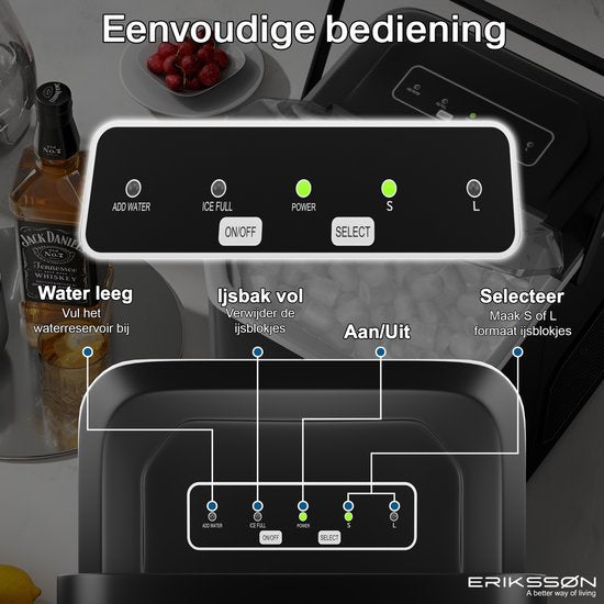 Erikssøn Eiswürfelmaschine - Eiswürfelbereiter - Inkl. Eisportionierer - 12kg/24 Std. - 9 Würfel / 6 Min. - Tragbar - Selbstreinigungsfunktion - Schwarz