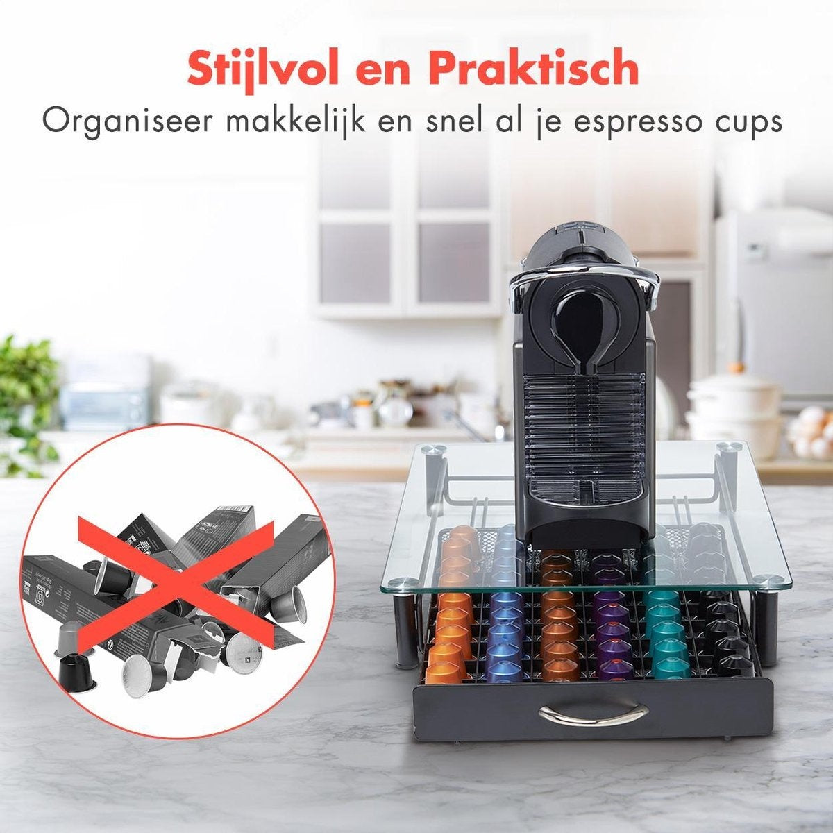 KitchenBrothers Kapselhalter - mit Schublade - Nespresso - 60 Kapseln - Glas - Edelstahl/Schwarz