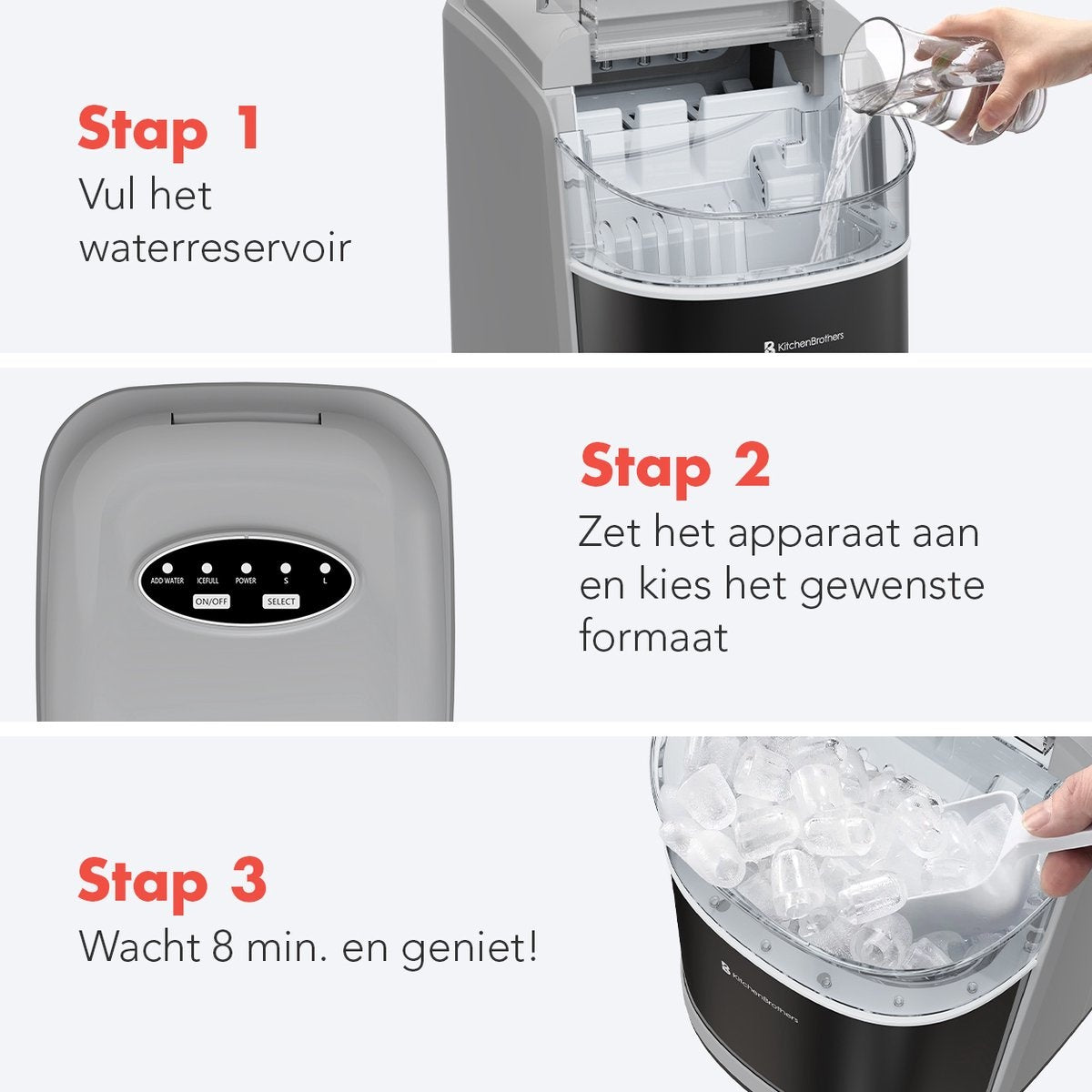 KitchenBrothers Eiswürfelbereiter - 1.6L - 8 min. - 12kg/24h - Selbstreinigungsfunktion - Eiswürfelbereiter mit Eisportionierer - Edelstahl