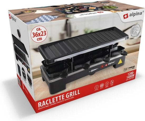 alpina - Gourmet Set Backplatte - 8 Personen - Inkl. Spatel und Raclette-Pfännchen - Schwarz