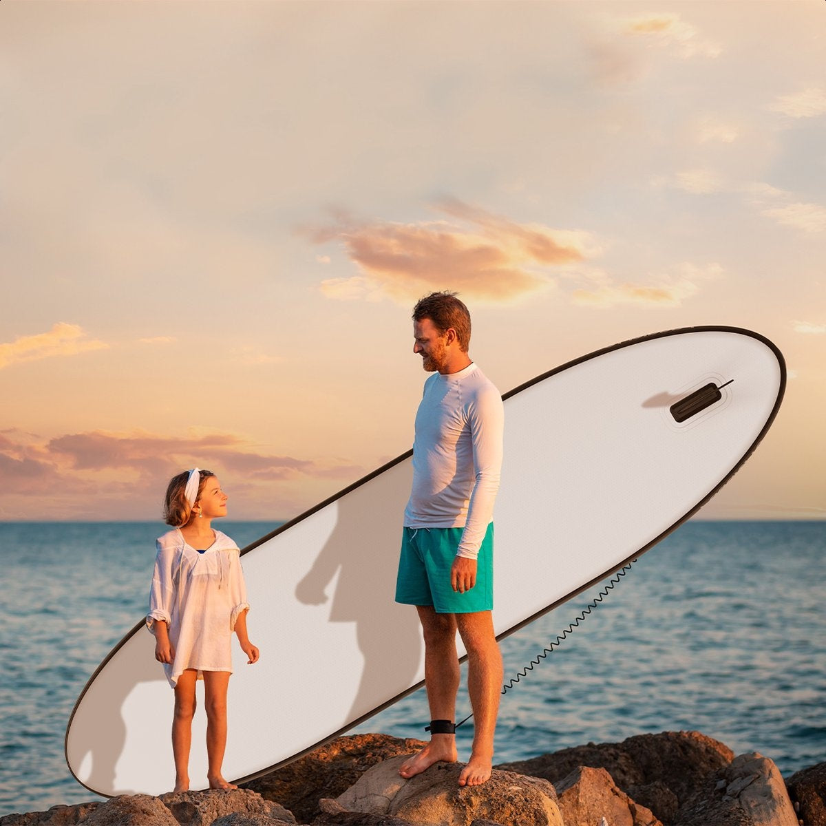 LifeGoods SUP Board - Deluxe Set - Mit Sitz - Aufblasbares Paddle Board - Max. 135KG - 320x81cm - Weiß