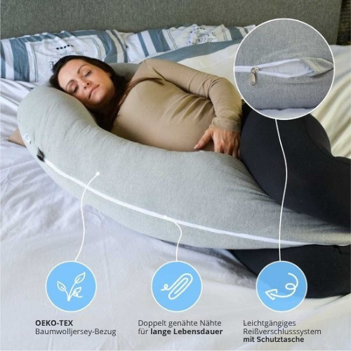 EL-Life - Schwangerschaftskissen XXL - J-Shape - 155cm - abnehmbarer Jersey-Baumwollbezug - Hellgrau