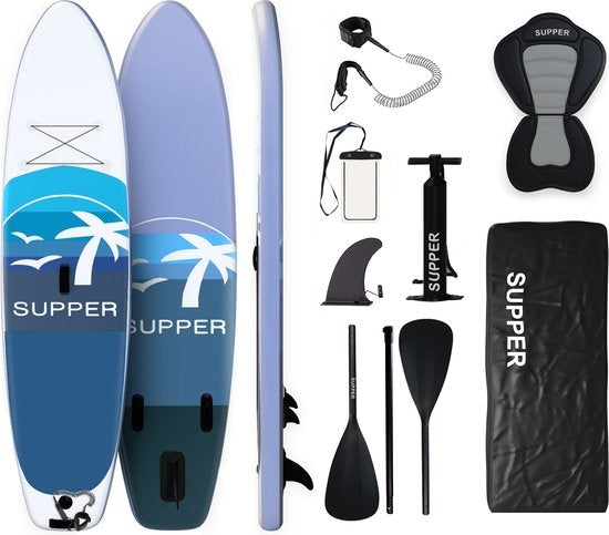 Supper Sup Board XL - Max. 180KG - Aufblasbar - Paddle Board - Verstellbares Paddel - Wasserdichte Handyhülle - Sitz - Pumpe - Flosse - Leash - Tragetasche - 335 x 81 cm