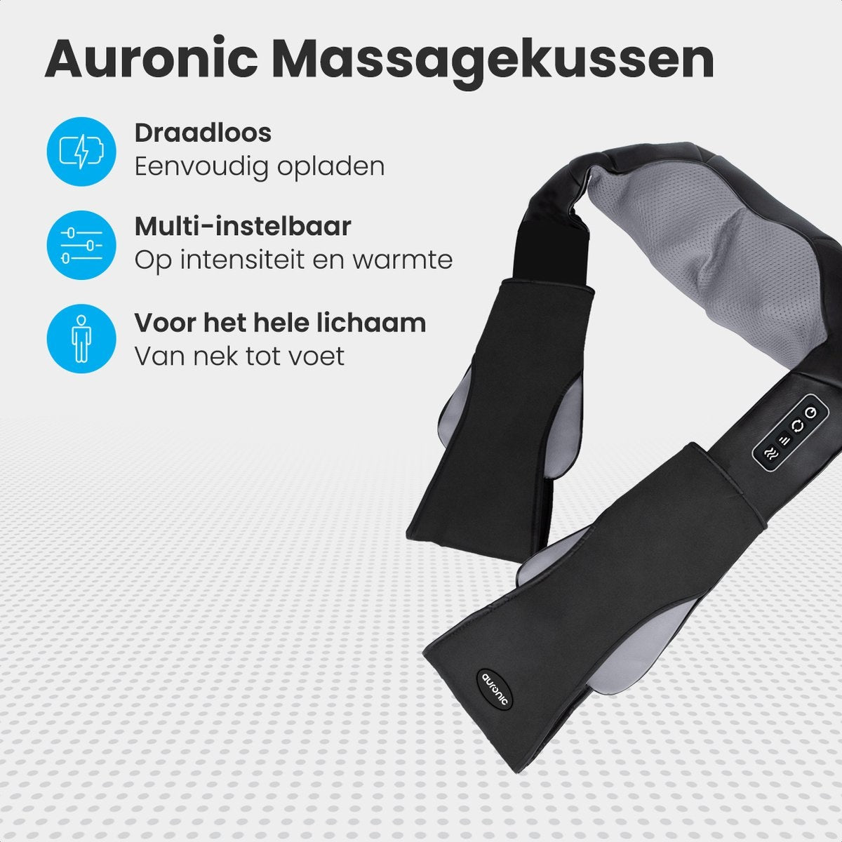 Auronic - Shiatsu-Massage-Kissen - Elektrisches Nackenmassagegerät - Infrarot - Kabellos - Schwarz