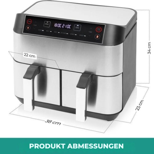 Niceey Double Airfryer - XXL - Zwei Garräume - 8,0 Liter - 2460 Watt - Heißluftfritteuse - inkl. Kochbuch - Silber
