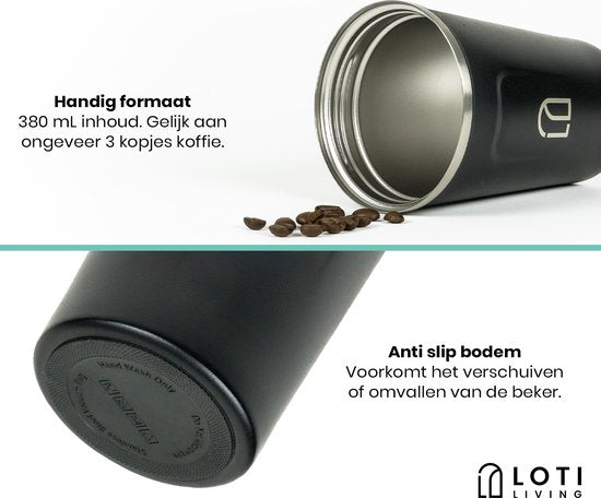 Loti Living Kaffeebecher To Go - Thermosbecher - Kaffeebecher für unterwegs - Teebecher - Reisebecher - 380ml - Schwarz