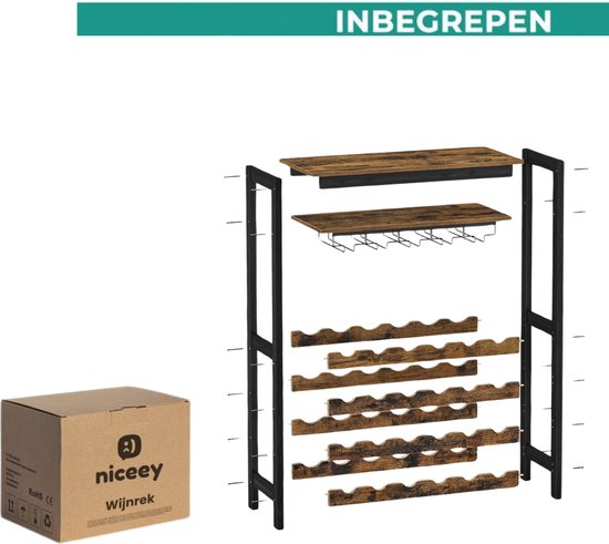 Niceey - Weinregal - Barschrank - Für 24 Flaschen und 15 Gläser - Flaschenregal - Holz/Metall
