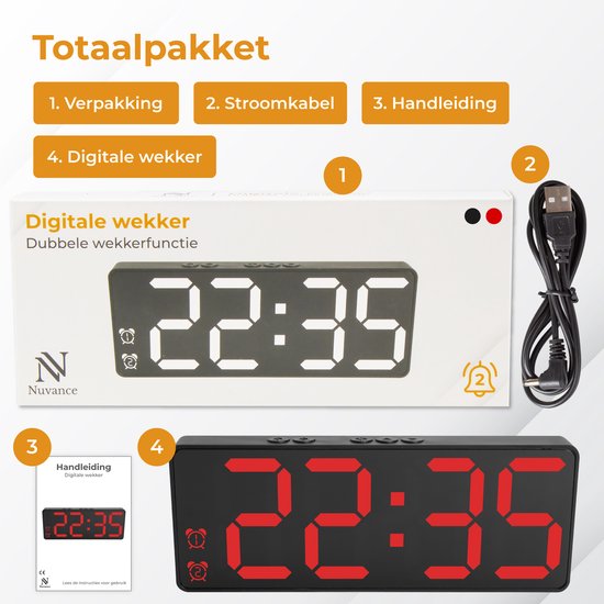 Nuvance Digitaler Wecker - Digitaluhr - Wecker für Kinder & Erwachsene - Reisewecker - Schlafzimmer - Led Wecker Digital - Rot