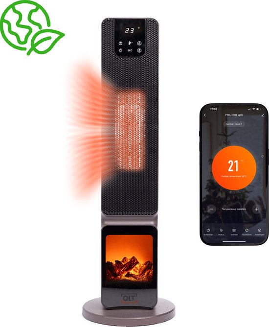 QLT No Less - Heizlüfter mit Swing und ECO-Modus - Elektroheizung mit Wifi + App-Steuerung - 2000W - Schwarz