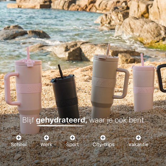 ONYX Trinkflasche mit Strohhalm 1 Liter - Wasserflasche für Kinder & Erwachsene - Thermosbecher Edelstahl Reisebecher - Motivations-Trinkbecher - Trinkbecher für die Schule - Candy Pink