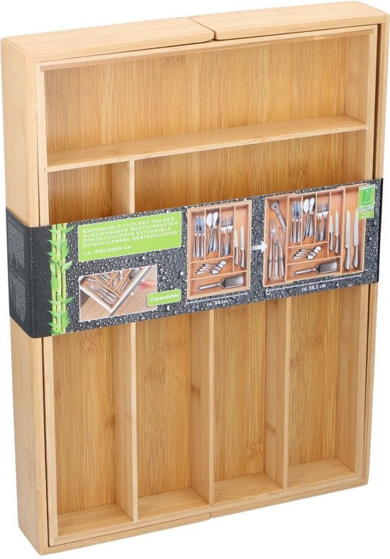 Ausziehbarer Besteckkasten - 46 x 34 - 56.6 x 6 CM - 6 bis 8 Fächer - Ökologisches Bambusmaterial