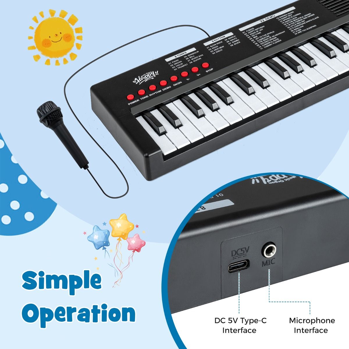 Coast Kinderkeyboard – 37 Tasten – 8 Rhythmen – mit Mikrofon – schwarz
