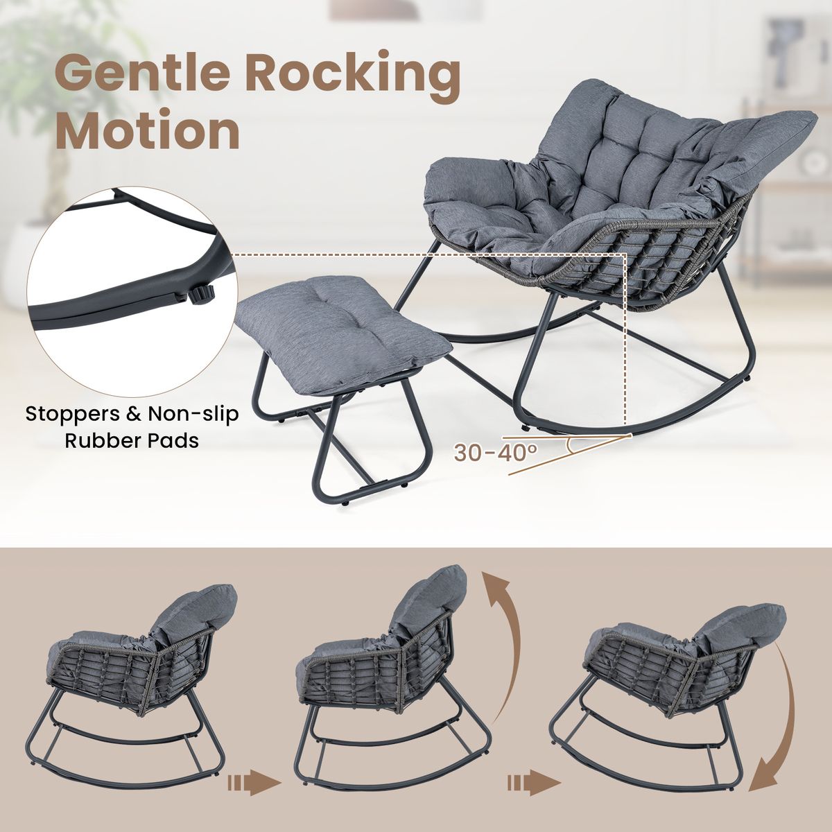 Coast Schaukelstuhl mit Fußhocker – ergonomisches Design – PE-Rattan und Metallgestell – schwarz/grau/beige