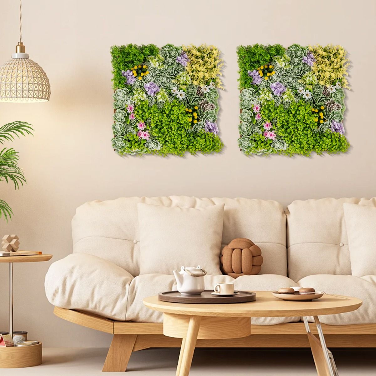 Coast Kunstpflanzen-Wandpaneele – 2er-Set – 3D-Kunsthecke – 10 verschiedene Pflanzenarten – 50 x 50 cm – grün und braun