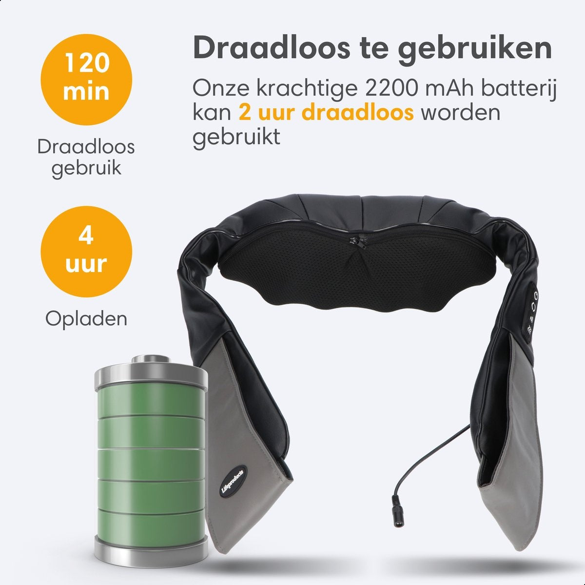 Lifeproducts Wiederaufladbares Shiatsu-Massagekissen - Kabelloses beheiztes Nacken- und Rückenmassagegerät