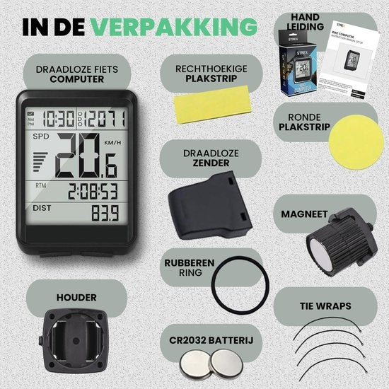 Strex - Fahrradcomputer - 17 Funktionen - Extra großer Bildschirm - kabellos & wasserdicht - Schwarz