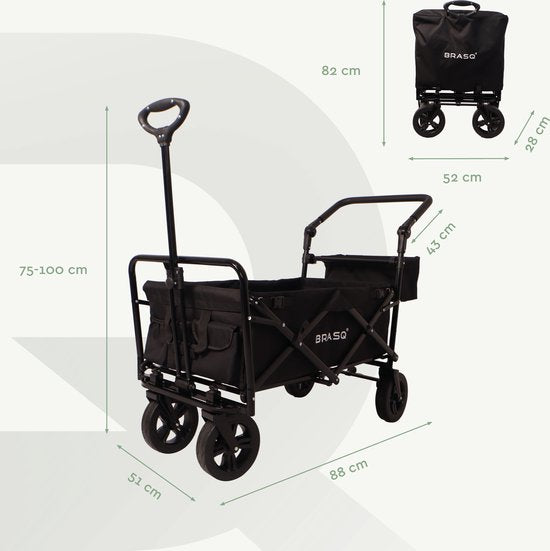 BRASQ Bolderkar Foldable Deluxe WC200 - 108L Kapazität - Mit Schiebestange - Leichtgewicht - Bis zu 100 kg Tragfähigkeit - Inklusive 2 Aufbewahrungstaschen - Schwarz