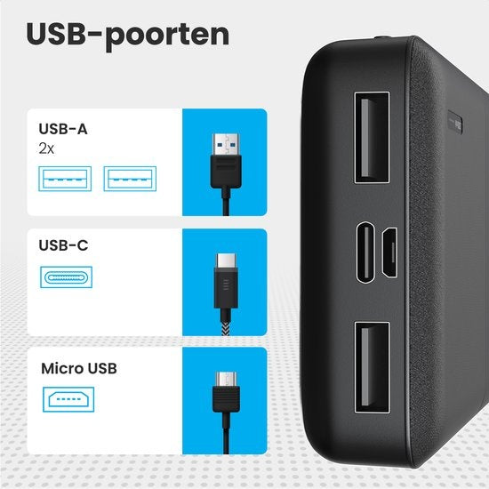 Auronic Powerbank - 20.000 mAh - 4 Anschlüsse - 2,4A USB/Micro-USB/USB-C - Inkl. Kabel - Schwarz