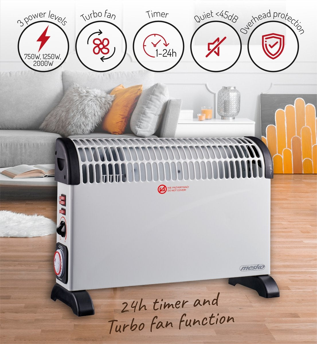 Mesko Elektrokonvektor - 3 Heizstufen - 2000W - bis zu 20m² - Weiß - einstellbarer Thermostat