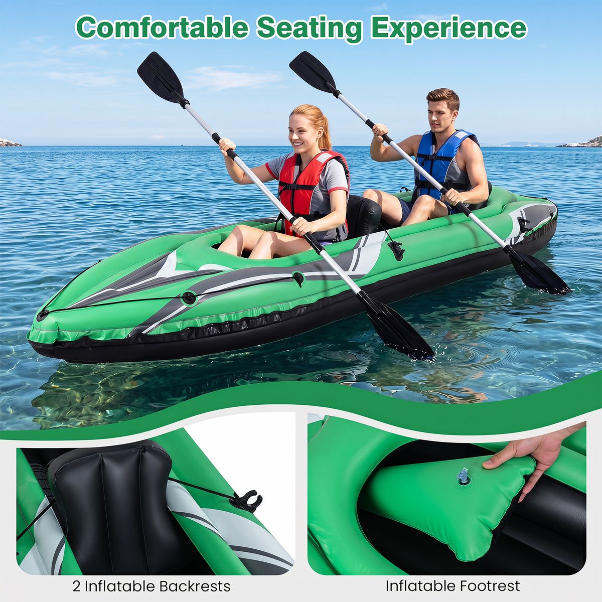 Coast aufblasbares Kajak für 2 Personen – verstärktes PVC – mit Aluminium-Paddeln und Rückenlehnen – grün/schwarz 350 x 78 x 47 cm