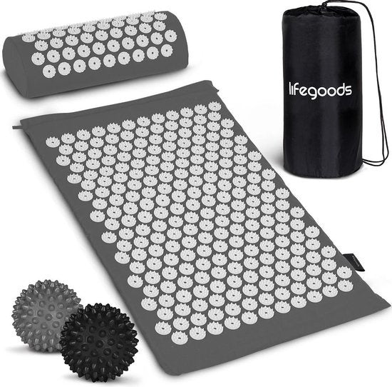 LifeGoods - Akupressurmatte mit Kissen - Shakti Matte - Nagelmatte inkl. 2x Triggerpunkt Ball - 66x40x2cm - Grau/Weiß