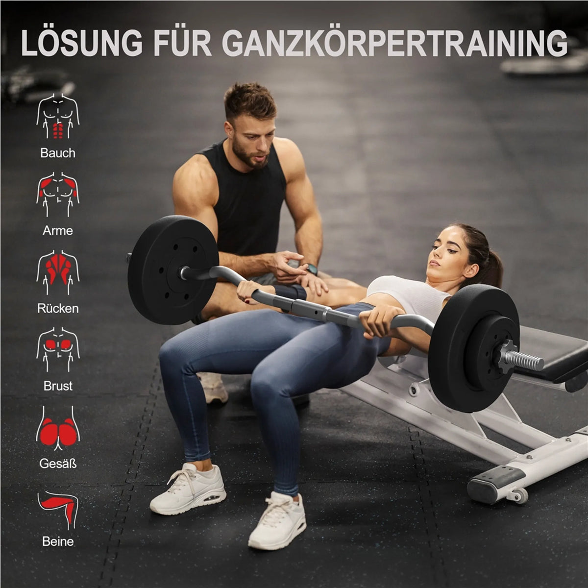 Yaheetech EZ-curl Kurzhantelset 20 kg - Ausgestattet mit verchromter Curl-Stange und 6 Betongewichtsscheiben und Stangenklammern - Für Krafttraining und Muskelaufbau - Schwarzer Metallkunststoff und Beton - 120 x 26 x 26 cm