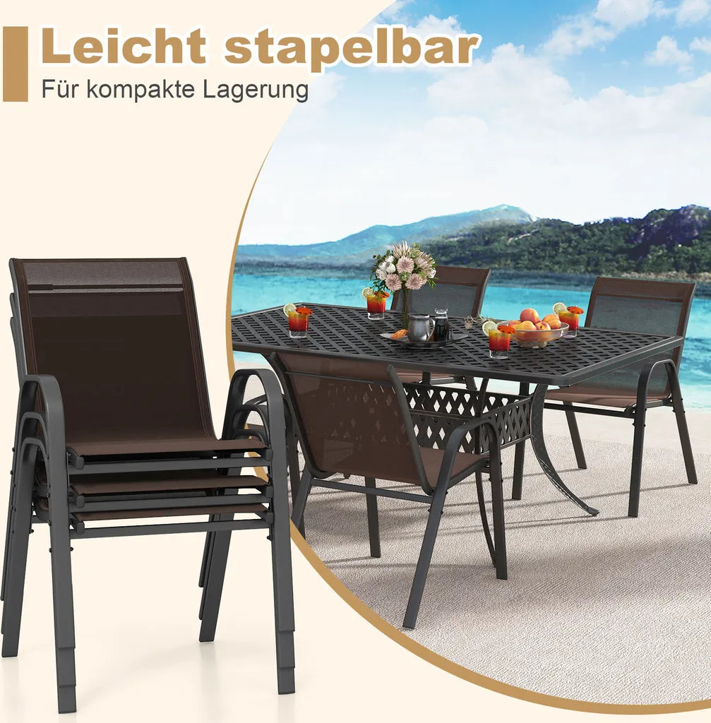 COAST 4er Set stapelbarer Gartenstühle, Balkonstühle, Terrassenstühle, stapelbare Stühle mit Armlehnen bis 150 kg, 56 x 70 x 84 cm, braun