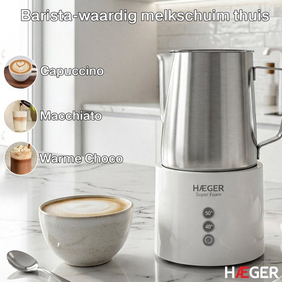Haeger Super Foam Elektrischer Milchaufschäumer – BPA- und PFAS-frei – Warmhaltefunktion und Antihaftbeschichtung – 250 ml – 600 W – Praktischer Milchaufschäumer – Milchaufschläger – Weiß