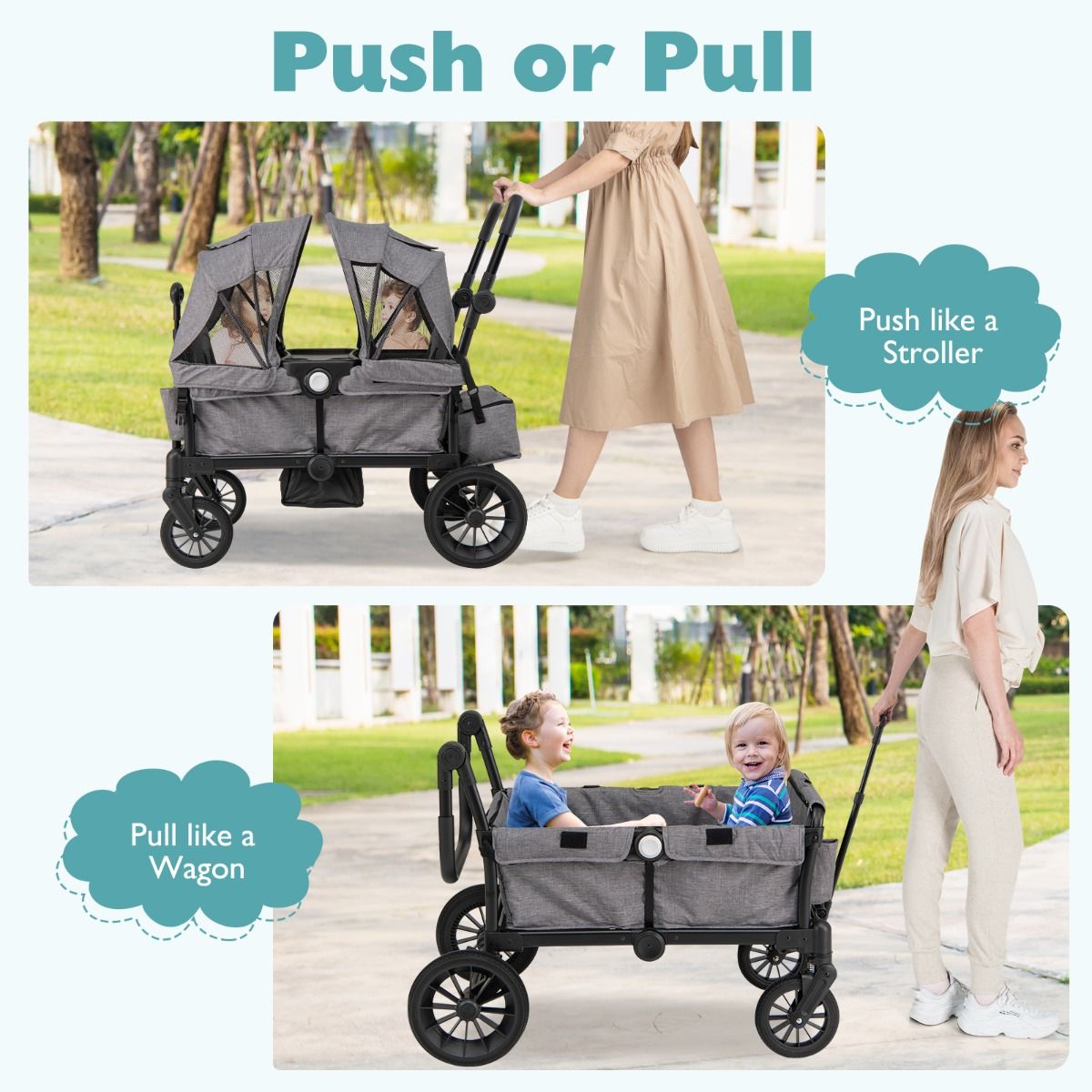 Coast 2-in-1 faltbarer Geschwisterwagen - Grau - 104 x 57 x 107 cm - Verstellbarer Griff & abnehmbares Verdeck