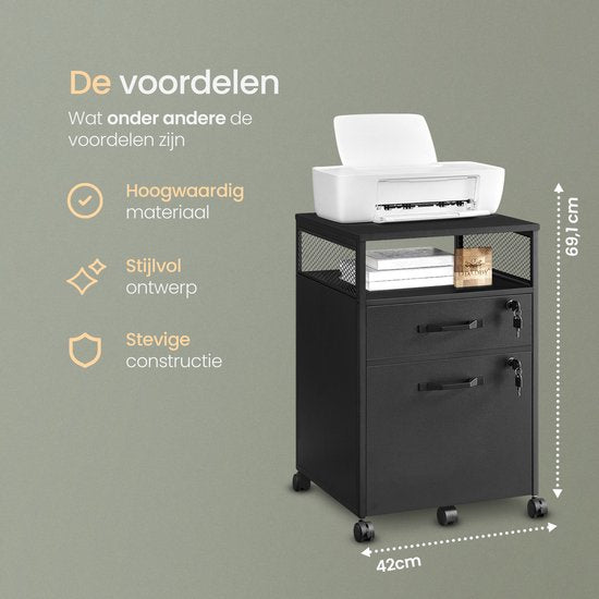 O'DADDY® Kommode - Aktenschrank - Kompakt und sicher - Kommode - Nachttisch - 44x42x69 cm - Kommode - Offenes Regal - Mobil und langlebig - Kommode Schwarz - Schubladenschrank