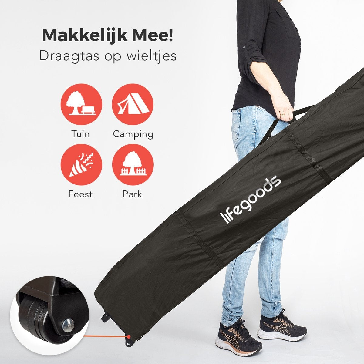 LifeGoods Partyzelt - 3x3 m - Seitenwände - Einfacher Aufbau - Zusammenklappbar - Wasserdicht - Tragetasche mit Rädern - Anthrazit