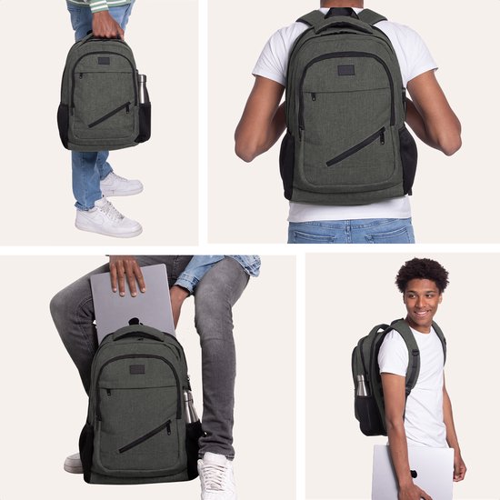 TRVLMORE Rucksack - 36L - 17 Zoll - Laptop-Rucksack - Schultasche - Männer und Frauen - Laptop-Tasche - Spritzwassergeschützt Grau Grün